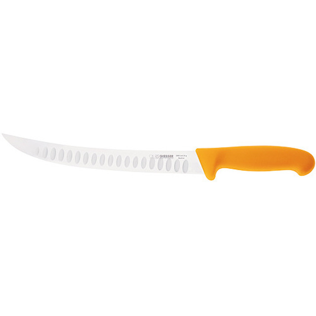 Couteau à découenner manche en plastique 25 cm, relevé, alvéole, jaune